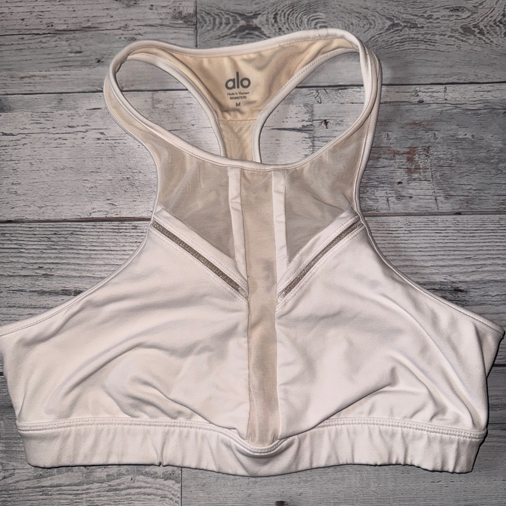 ALO Yoga Light Beige High-Neck Racerback Sports Bra with Mesh **note small hole*